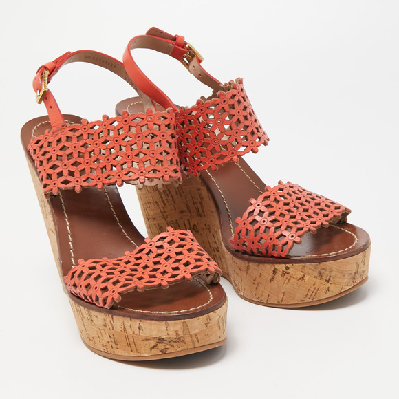 Tory Burch Orange Perforated Leather Daisy Cork Wedge Sandals Size 37 - Picture 3 of 8